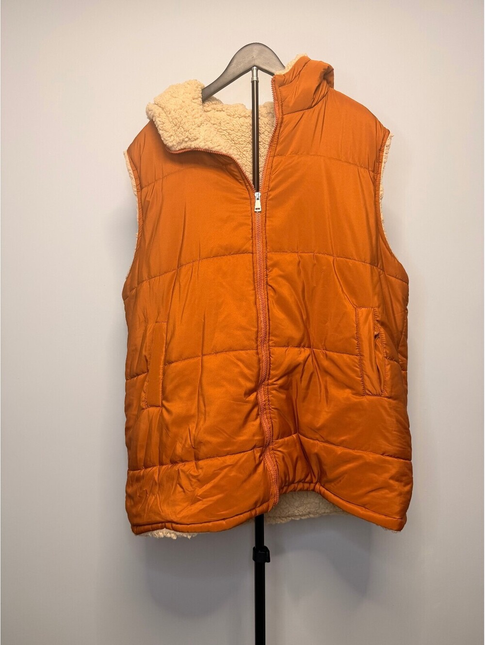 Orange Quilted Sleeveless Puffer Vest with Sherpa Lining, Size 3XL